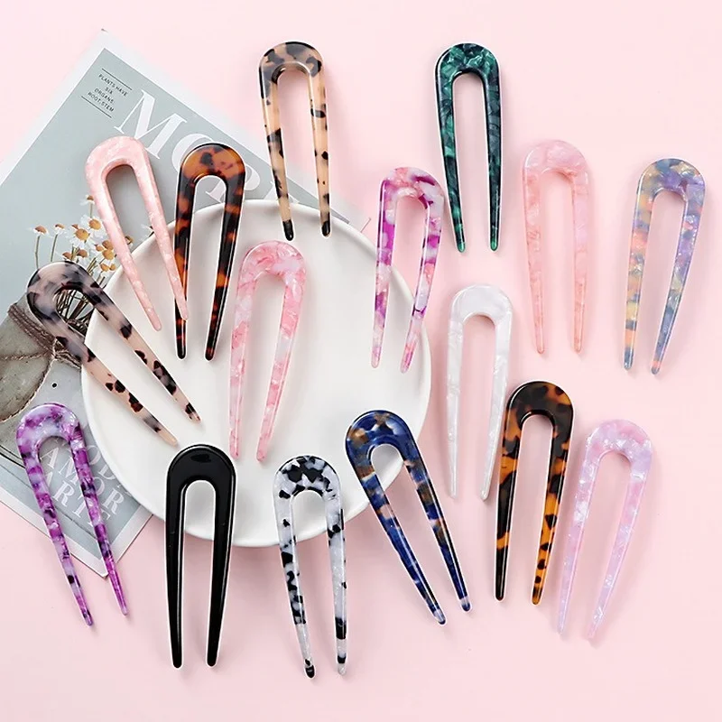 Fashion U-Shaped Hairpin Hair Fork Acetic Acid Hair Clips Pins Marble Print Hair Sticks for Women Headwear Hair Accessories