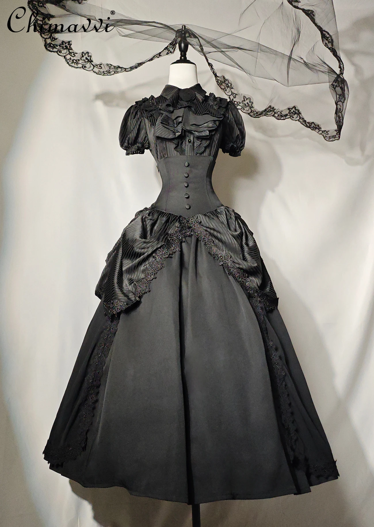 

Lolita Gothic Nun Dark Bubble Sleeve Short Sleeve Shirt High Waist Long Skirt Two-Piece Punk Cosplay Halloween Women's Set