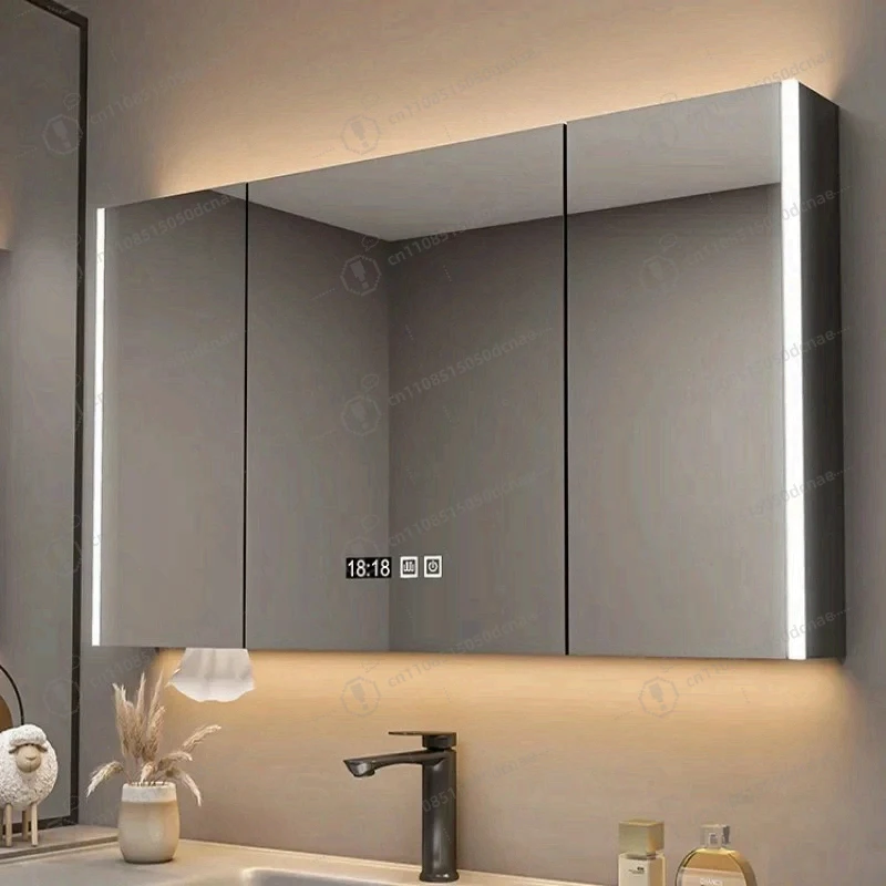 

Современный умный зеркальный шкаф для ванной из массива дерева с подсветкой и функцией антизапотевания, мебель для ванной комнаты, косметическое зеркало с местом для хранения