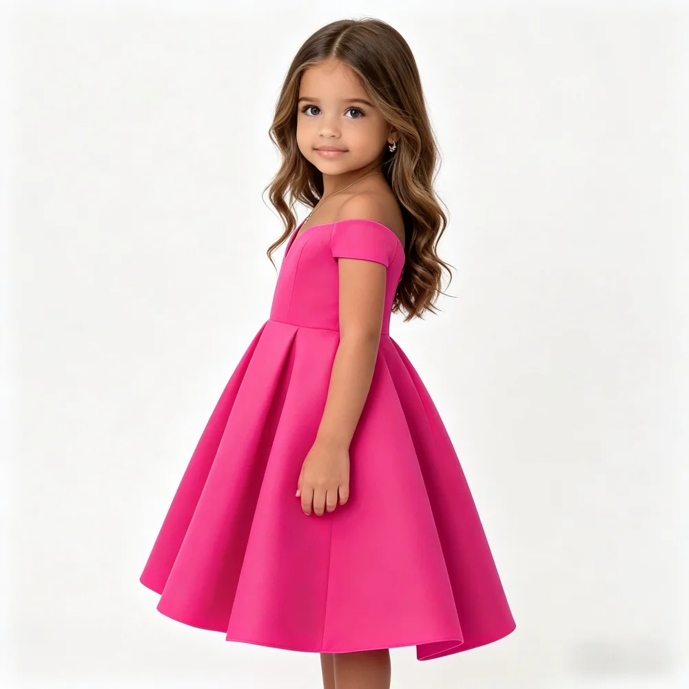 

Custom Flower Girl Dress Wedding Gown Birthday Party Pageant Off Shoulder Satin Tea Length Dress For Girls فساتين اطفال