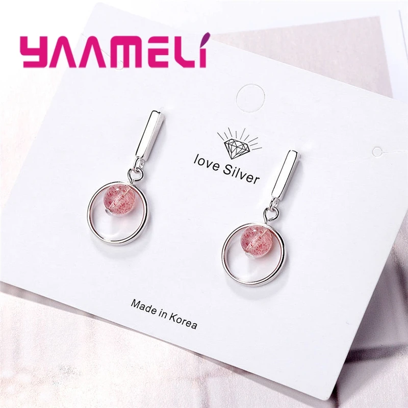 Sweet 925 Sterling Silver Round Shape Strawberry Quartz Drop Earrings for Women Wedding Anniversary Party Trendy Jewelry Gifts