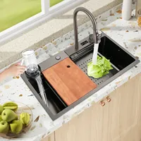 Waterfall Kitchen Sink Flying Rain Drop in Single Bowl, Stainless Steel Bar Sink Digital Display Undermount Workstation Sink