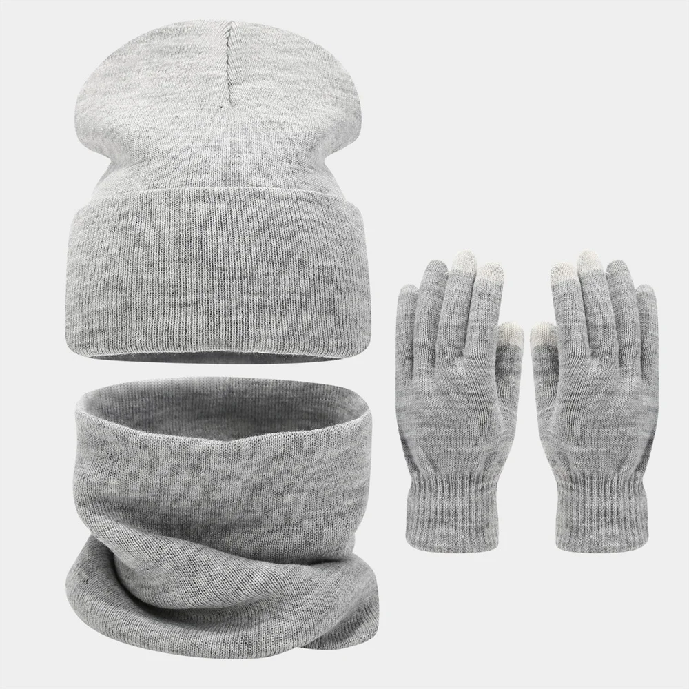 New Fashion Adult Winter Outfit Solid-color Beanie Hat Scarf And Gloves Sets Outdoor Warm Knitted Hat Set