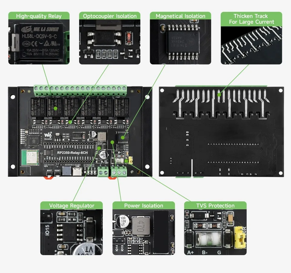 Modul Relay RP2350 6 Saluran Industri, Antarmuka RS485 / Pico HAT Terpasang, Dengan Berbagai Sirkuit Perlindungan Isolasi