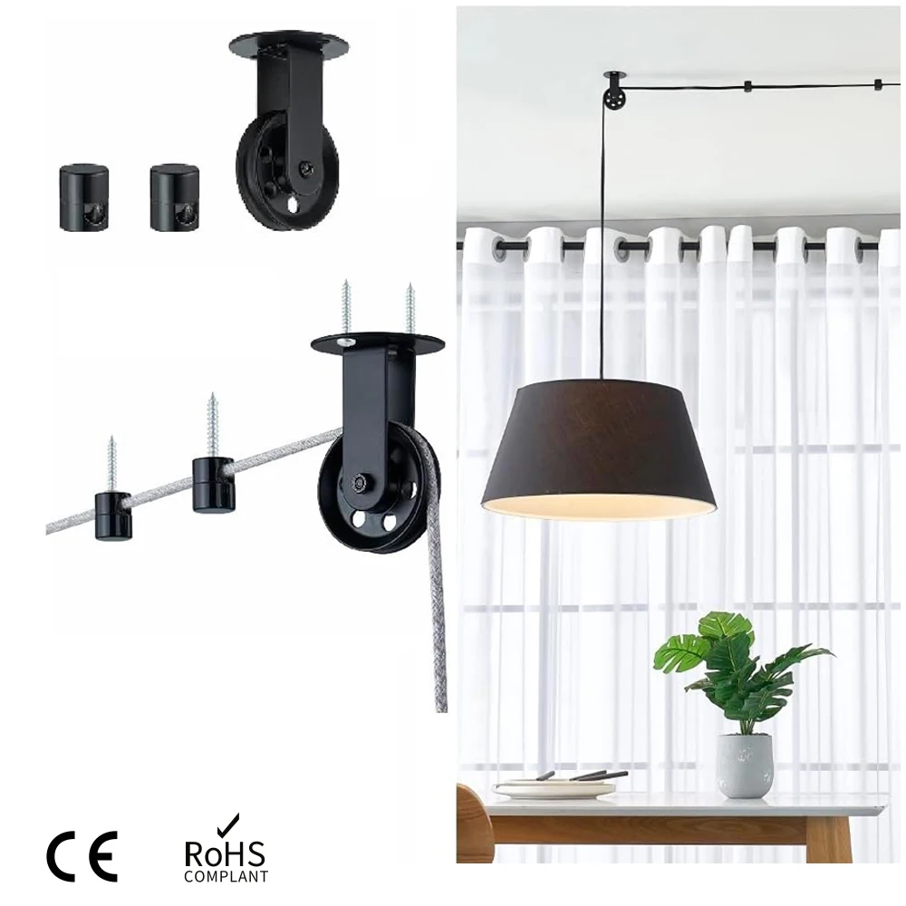 Wall Mount Pulley for Pendant Lights Metal Black Pulley Wheel Cable Hook Chandelier for Plug in Pendant Light Hanging