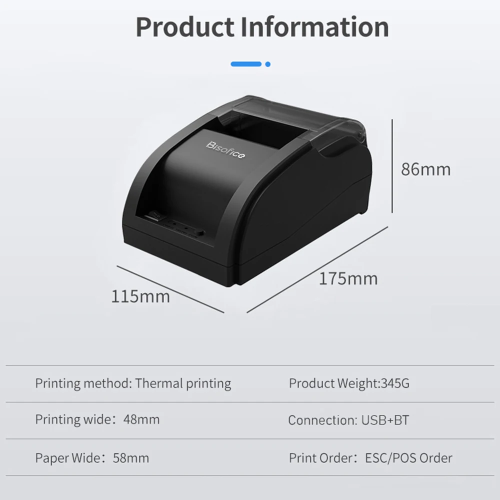 Bisofice Desktop 58mm Thermal Receipt Printer Wireless Barcode Portable Printer USB+BT/USB Connections with 1 Roll Paper Inside