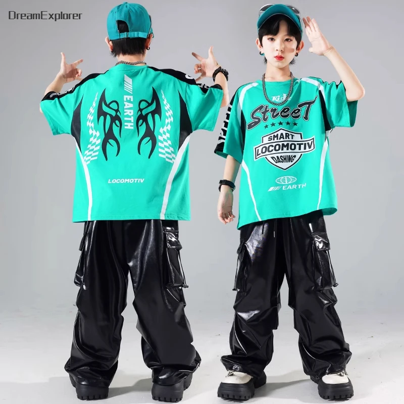 Hip Hop Boys Fashion T-shirt Shiny PU Leather Cargo Pants Girls Crop Top Kids Street Dance Streetwear Children Jazz Clothes Sets