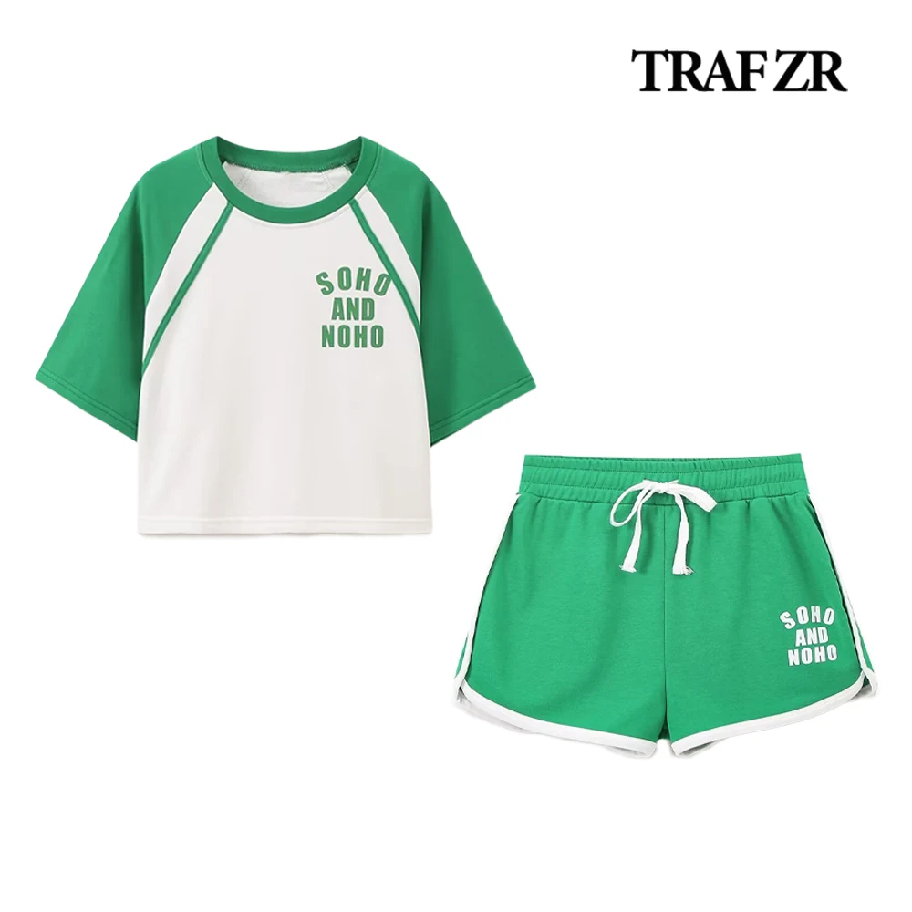 TRAF ZR Contrast 2 Pieces Letter Printed Shorts Sets O-neck Short Sleeve Top + Drawstring Shorts Conjuntos De Pantalones Cortos