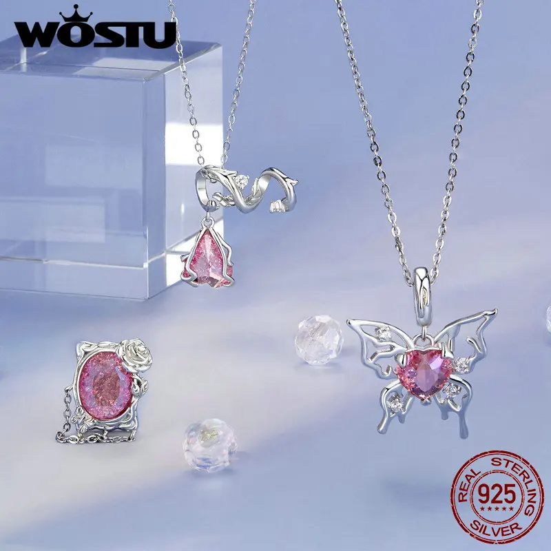 Wostu 925 prata esterlina rosa cristal borboleta charme coração rosa pingente lua contas caber pulseira original colar jóias diy