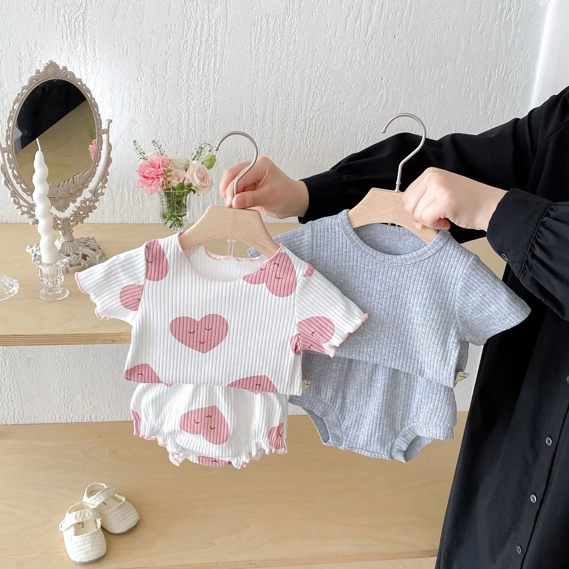 Bellbell Summer 6M-3Y Girls 2PCS Clothes Set Thin Infant Babys Girls Striped Short Sleeves Suits Kids Girls Pp Shorts Outfits