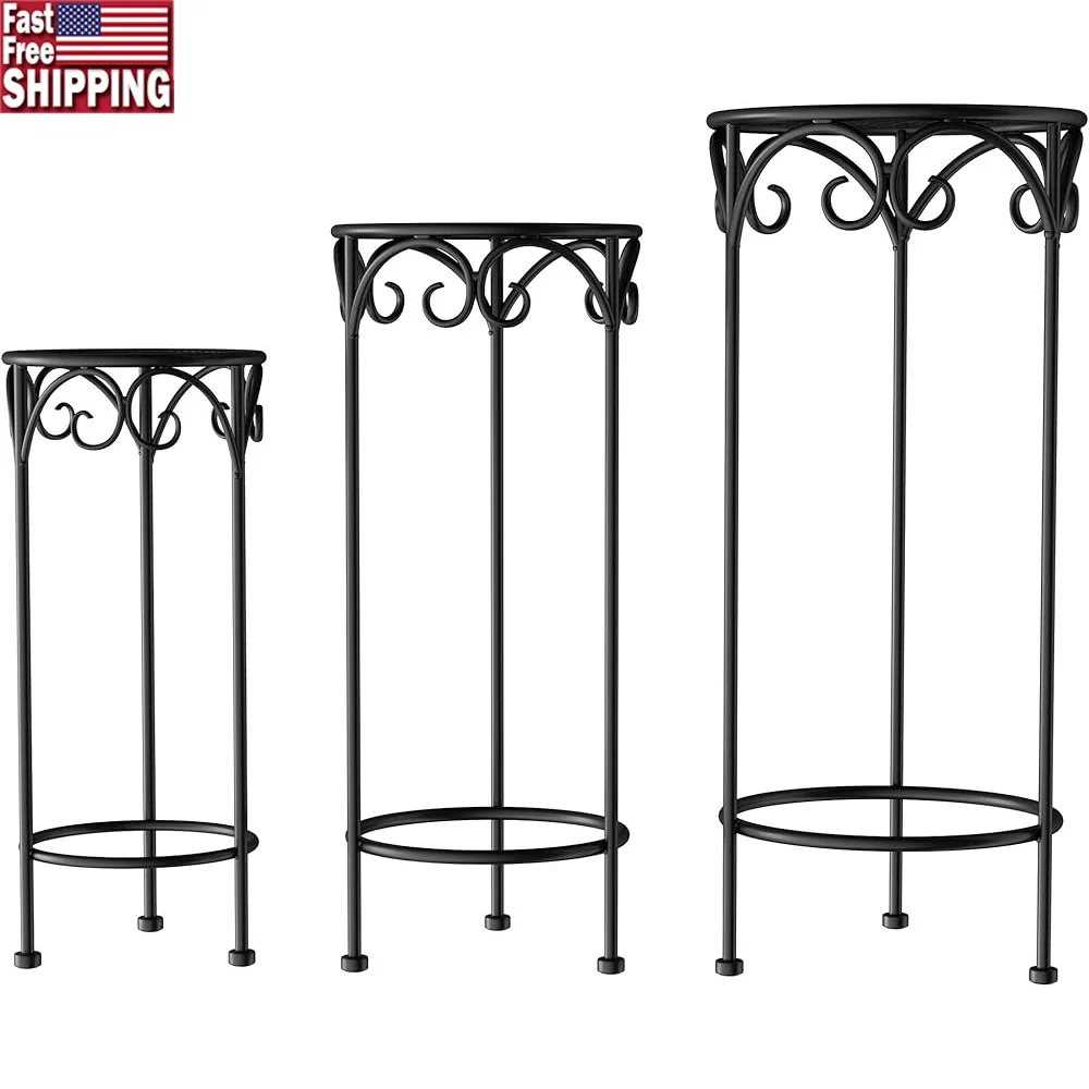 

Set of 3 Indoor Outdoor Wrought Iron Plant Stands Metal Round Decorative Display Stacking Accent Holders Home Garden