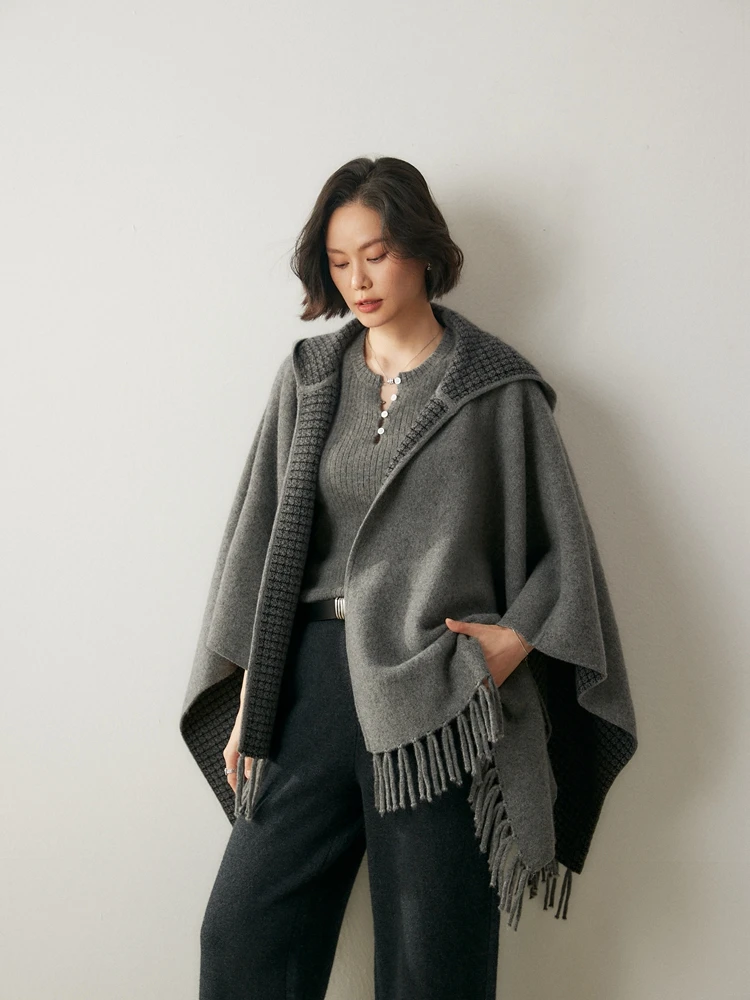 

Luxury Women's Autumn Winter 100% Cashmere Sweater Double Sided Wearing Tassel Poncho Shawl Thick Soft Warm Jacquard Knitwear