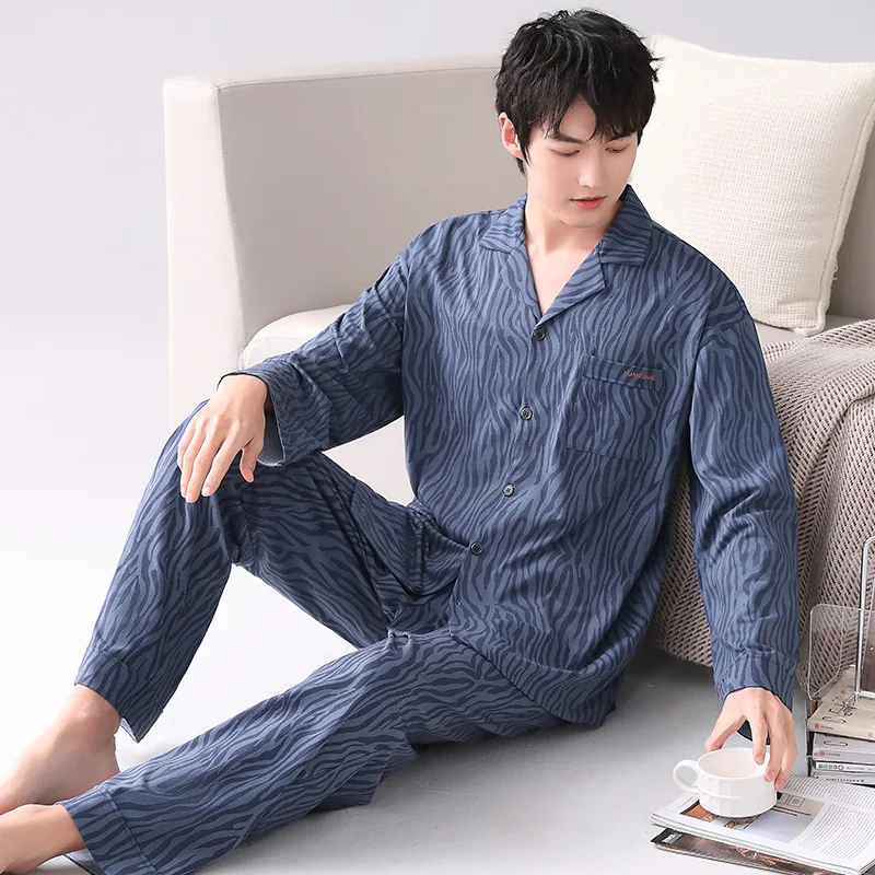 Men Pajamas Sets Cotton Pyjamas Male Button Cardigan Sleepwear Nightwear Long Sleeve Printed Casual Tracksuit Pijama Hombre