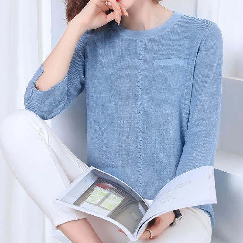 Office Lady Solid Color Fashionable Short Knitted T-shirt Summer Elegant Simplicity 3/4 Sleeve Round Neck Tops Women\'s Clothing