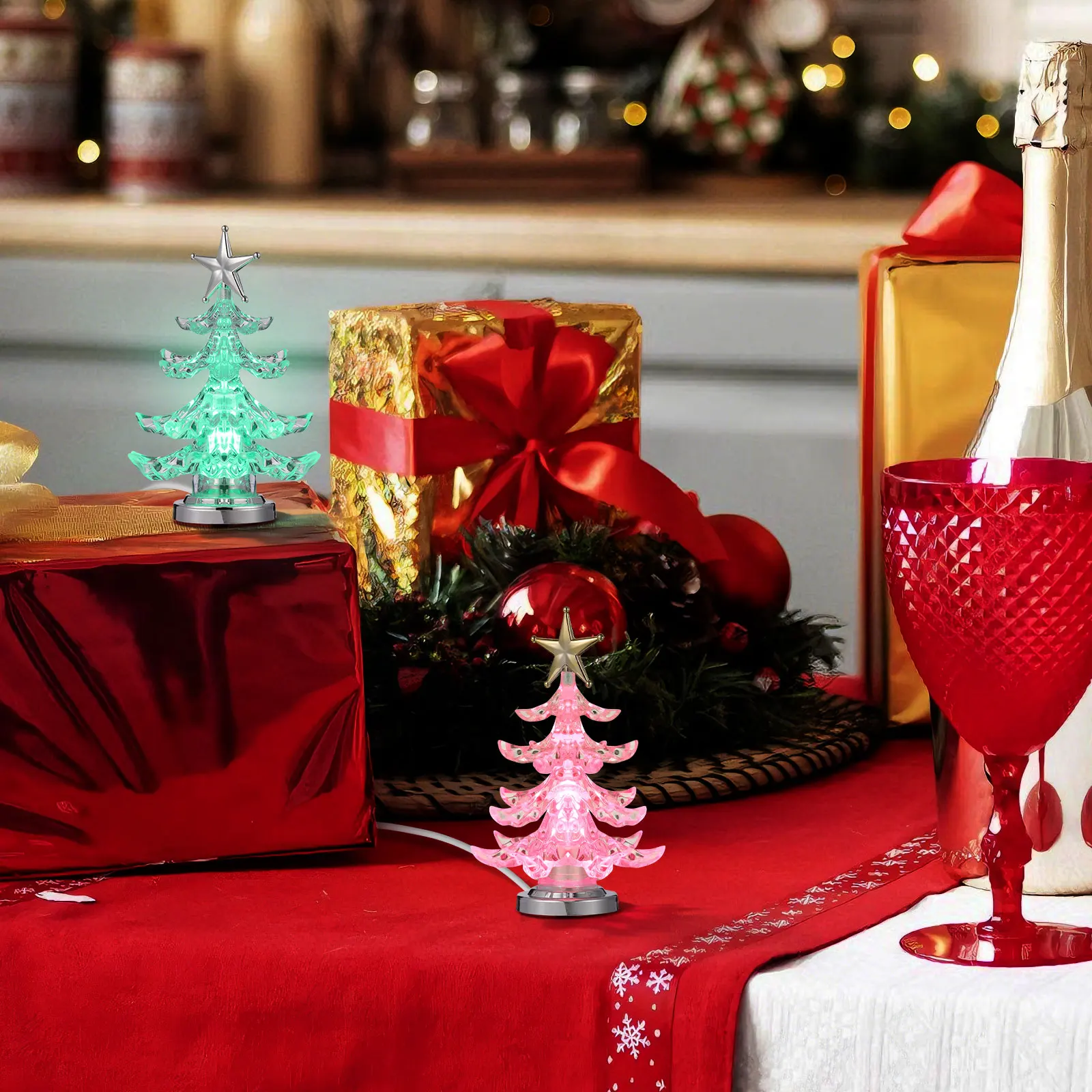 

2pcs Christmas Tree Night Light Clear Acrylic 7-Color Rgb Flashing Lamp For Home Bedroom Office Decor