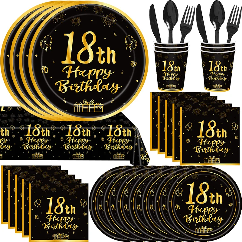 Décoration de fête de 18e anniversaire, ballons décoratifs de fête en or noir, vaisselle, tasses, assiettes, ensemble de fournitures de fête d'anniversaire de 18 ans