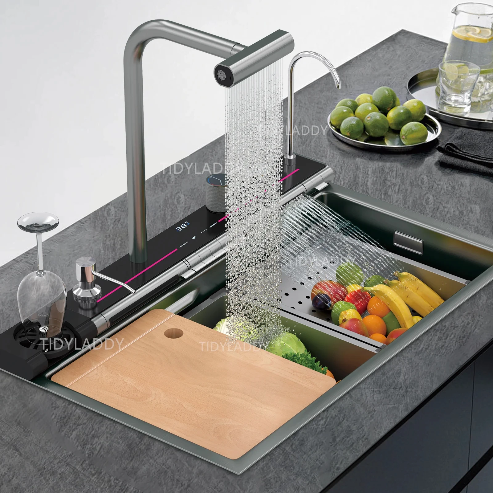 Pull Out Waterfall Kitchen Sink Faucet Stainless Steel Integrated Single Slot with Digital Display Multifunctional Kitchen Sink