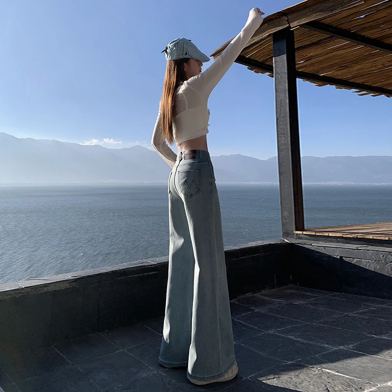 Celana Harem Wanita Nyaman Pinggang Tinggi, Jeans Flare Santai, Celana Bootcut Denim Stretch, Celana Bell Bottom Wanita Warna Solid