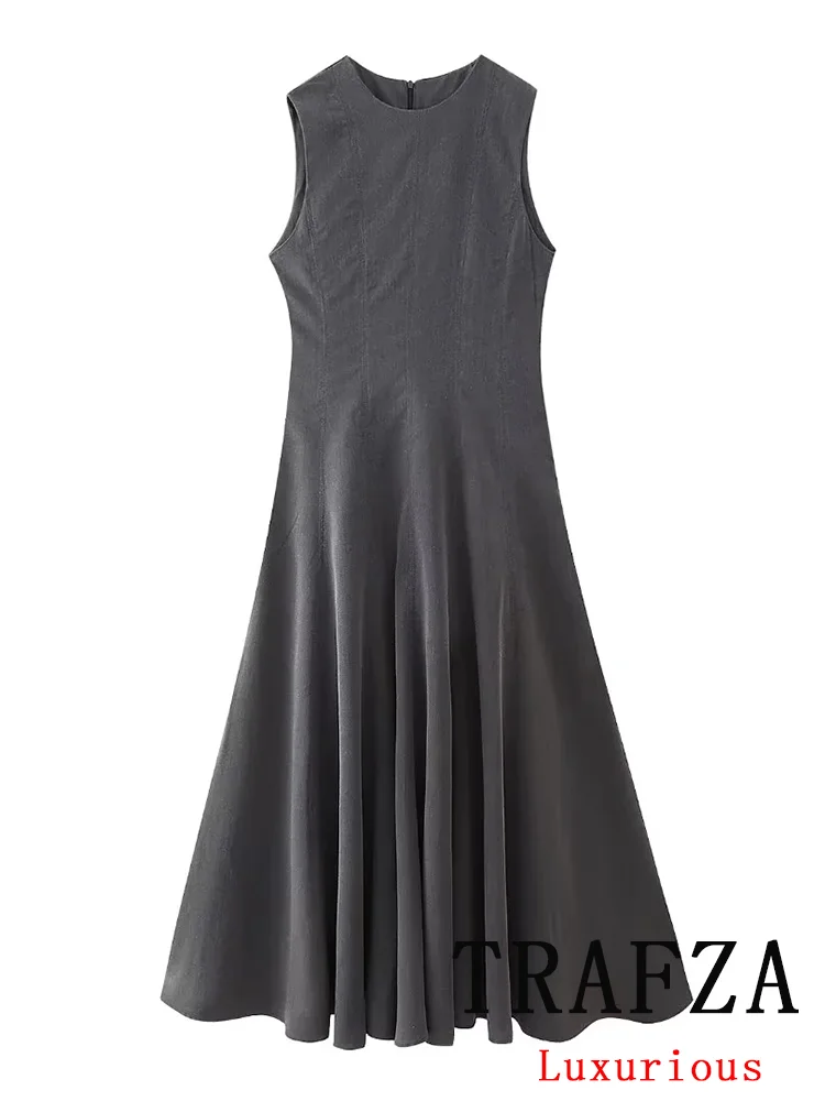 

TRAFZA Vintage Casual Chic Women Dress Solid Black O Neck Sleeveless Zipper Vestidos New Fashion 2024 Autumn Winter Dress