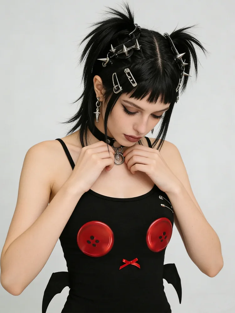 Y2K Punk Devil Wings Cutout Camisole Women Red Button Print Bow Sleeveless Slim Cami Top Gothic E-girl Street Tank Vest