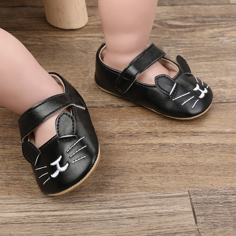 Baywell Baby Shoes Girl Cartoon Kitten Shoes Leather Rubber Sole Anti-slip Toddler First Walkers Infant Crib Shoes Moccasins