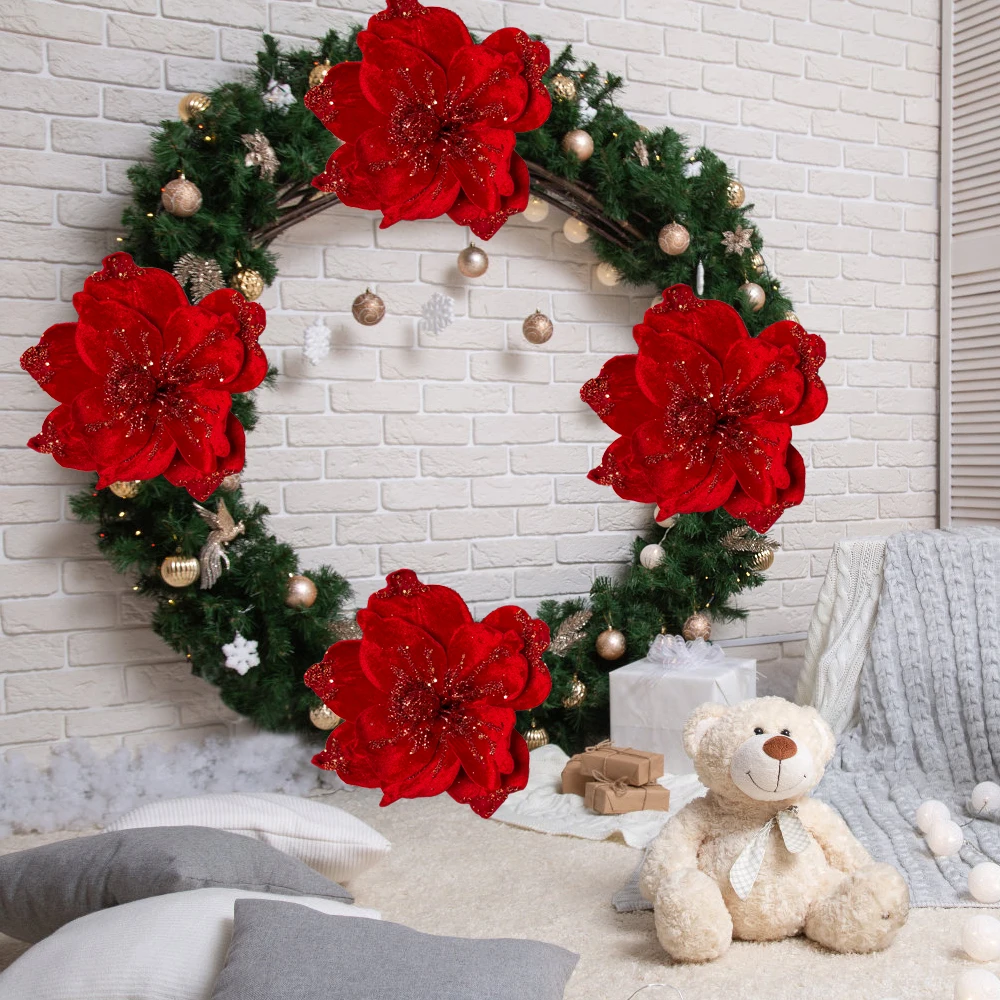 1/10pc Künstliche Glitter Weihnachten Blumen Roten Weihnachtsstern Weihnachten Baum Hängen Ornament Glitter Magnolia Gefälschte Blume Hochzeit Party – Detail 8