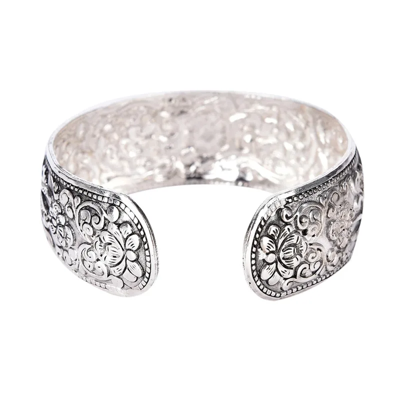 New Tibetan Silver Totem Bangle Carved Lucky Flower Bangle Cuff Bracelet