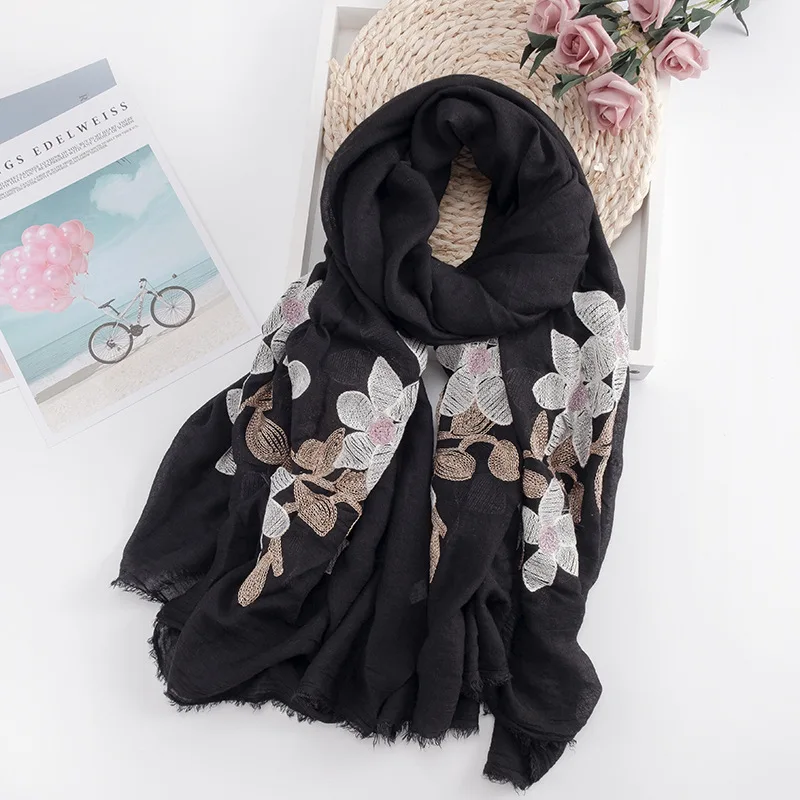 Lady elegante etnico pesca ricamo inverno moda calda marca nappa lunga sciarpa donna Foulard Pashmina