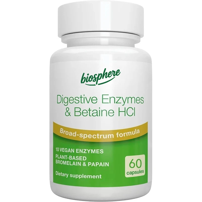 Verdauungs-Enzym und Betaine HCL, mit Protease, Lipase und Lactase, Papain und Bromelain, 60 Kapseln