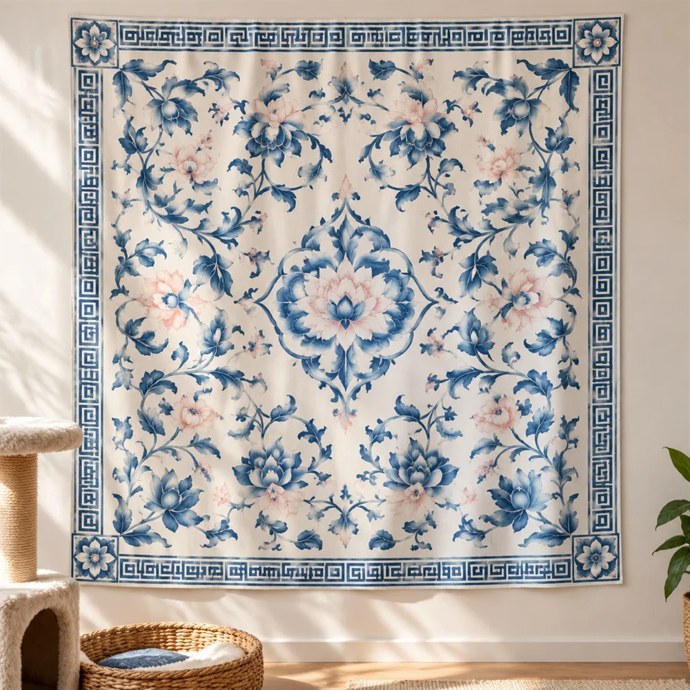 VIKAMA Blue White Porcelain Mirror Symmetric Tapestry Wall Hanging, Oriental Wall Decor Tapestries for Living Room Bedroom