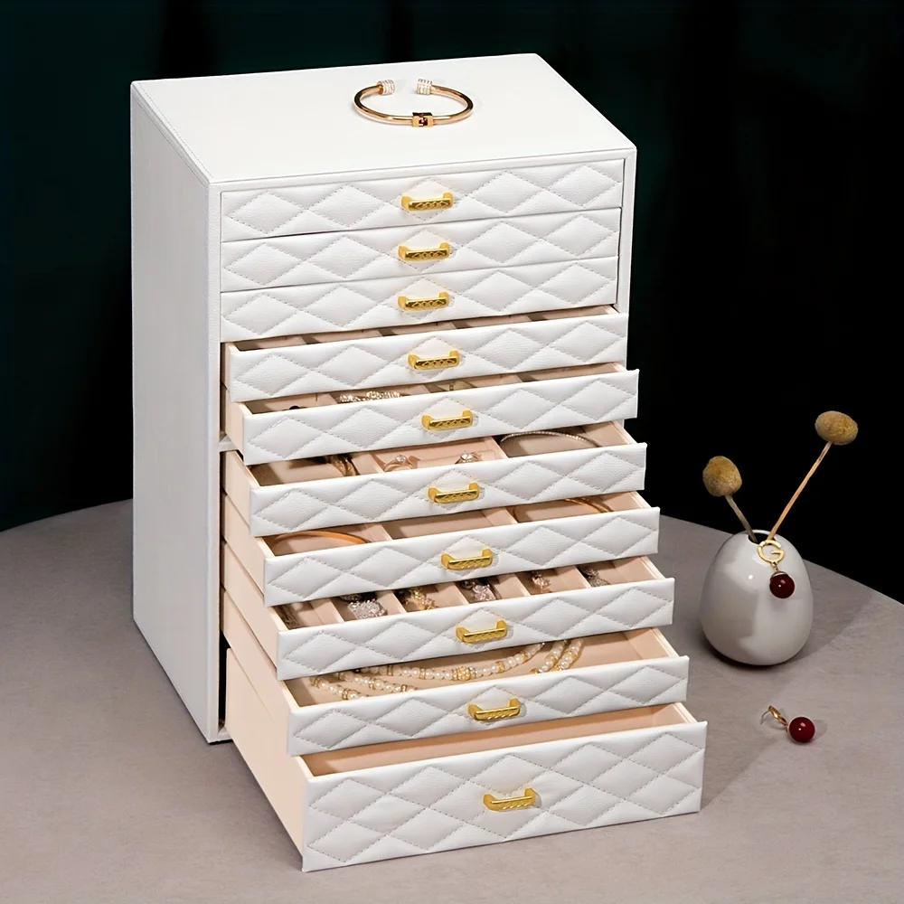 

FEIYAN Extra Large 10-Tier Jewelry Box with Drawer - Large Faux Leather Storage Case Suitable for Women &, Wood Frame, Closure,