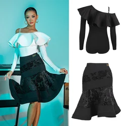 Women'S Latin Dance Costume Ruffled Cross-Shoulder Tops Black Skirt Tango Chacha Samba Rumba Ballroom Dance Practice Wear SL7249