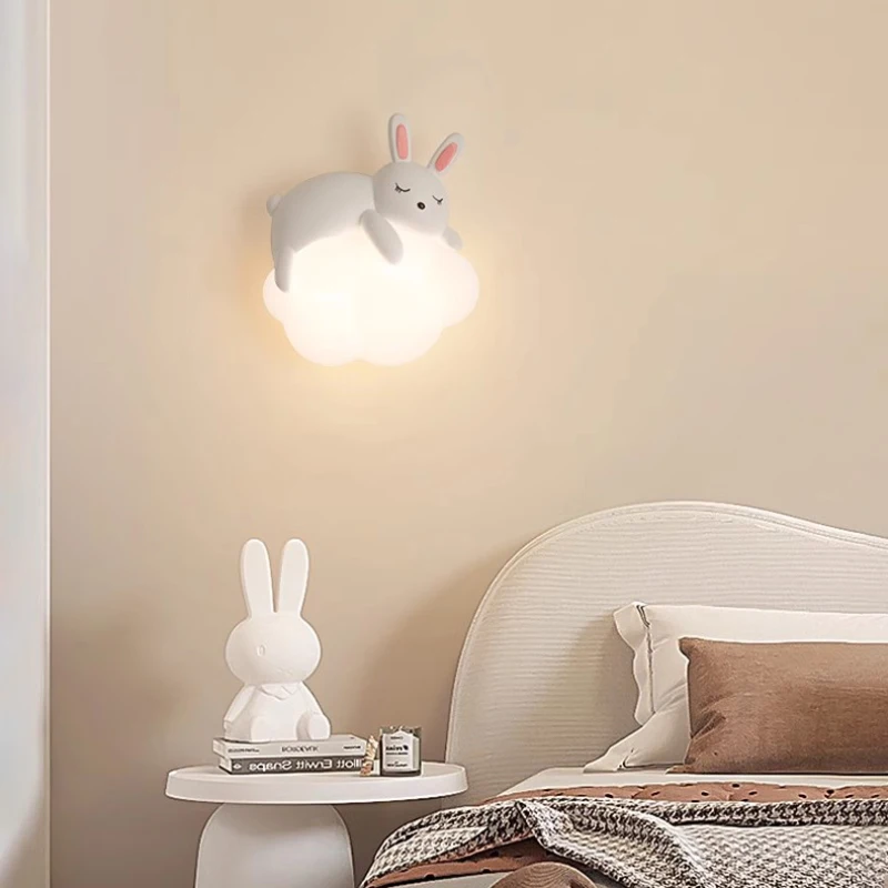 Cute Children\'s Room Bedside Wall Lamp Bear Rabbit Cloud Lamp Creative Cream Style Baby Room Nursery Boy Girl Bedroom Wall Light