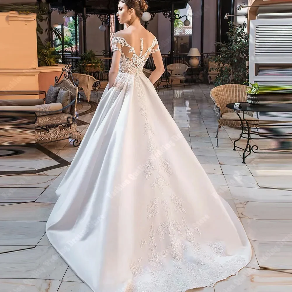 Gorgeous Women Wedding Dresses A-line Princess Sparkling Bridal Gowns  New Formal Off Shoulder Short Sleeves Vestidos De Noche