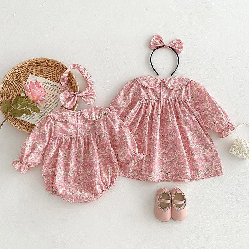 2024 Sweet Girl Dress Flower Printing Fashion Casual Dresses Long Sleeves Baby Girls Romper Sisters Toddler Boutique Clothing