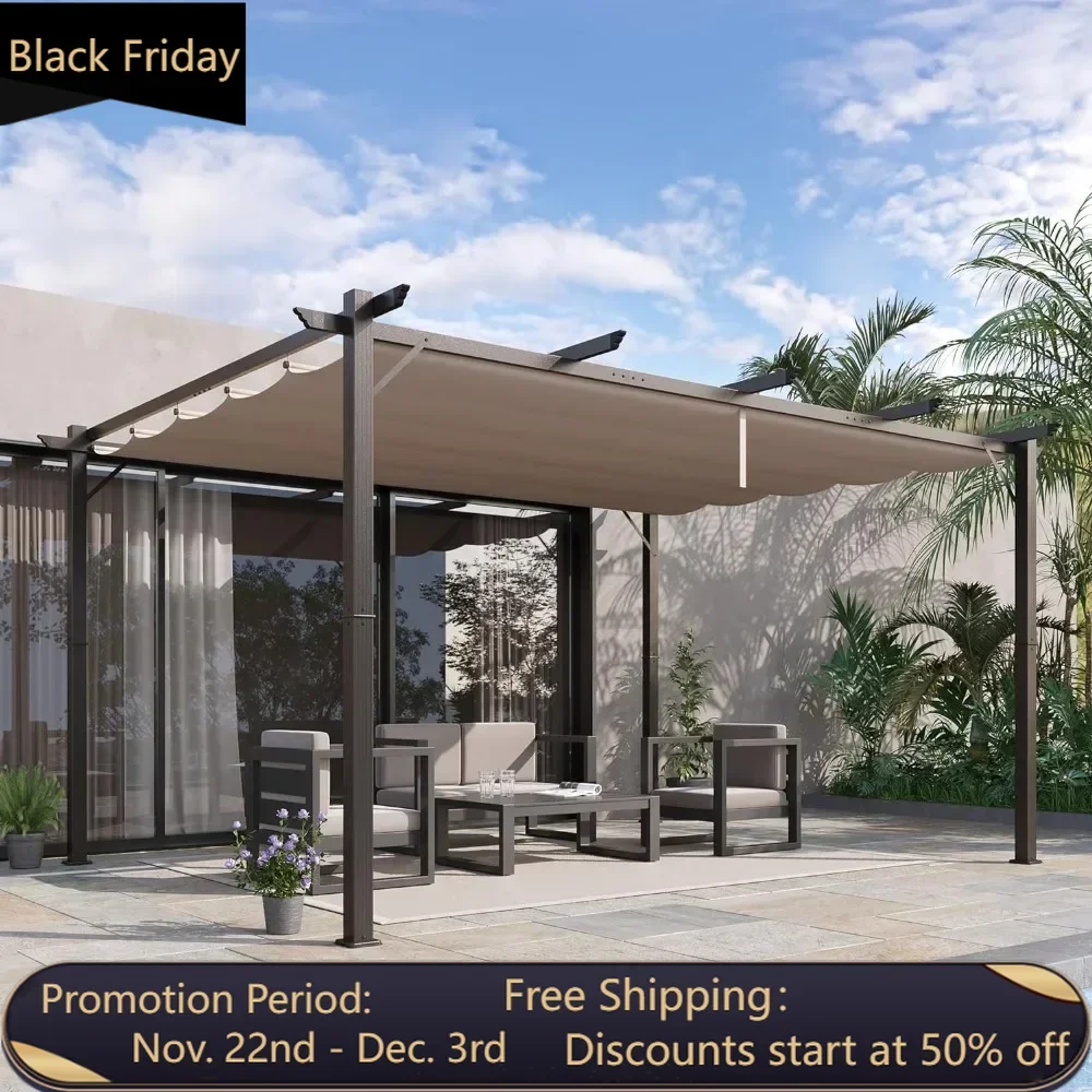 10' x 13' Aluminum Patio Pergola with Retractable Pergola Canopy, Backyard Shade Shelter for Porch, Outdoor Party, Garden