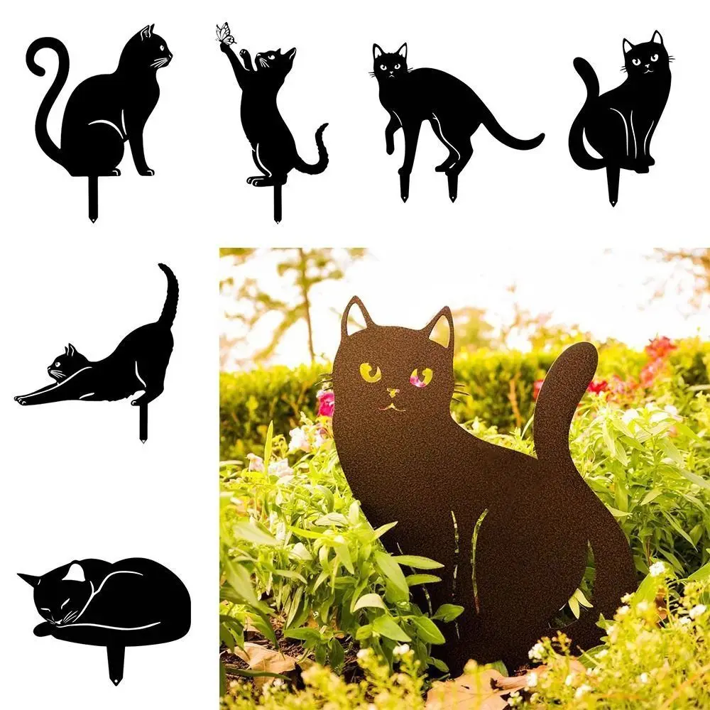 Iron Art Black Cat Garden Statue Silhouette Sculpture Outdoor Garden Backyard Decoration Weatherproof Cat Figurine Yard Art