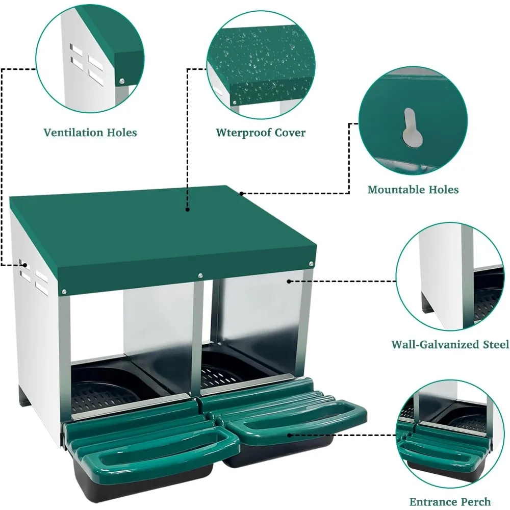 Chicken Nesting Boxes, 2 Hole Metal Chicken Laying Box with Roll Out Egg Collection,Heavy Duty Chicken Coop Nest Box