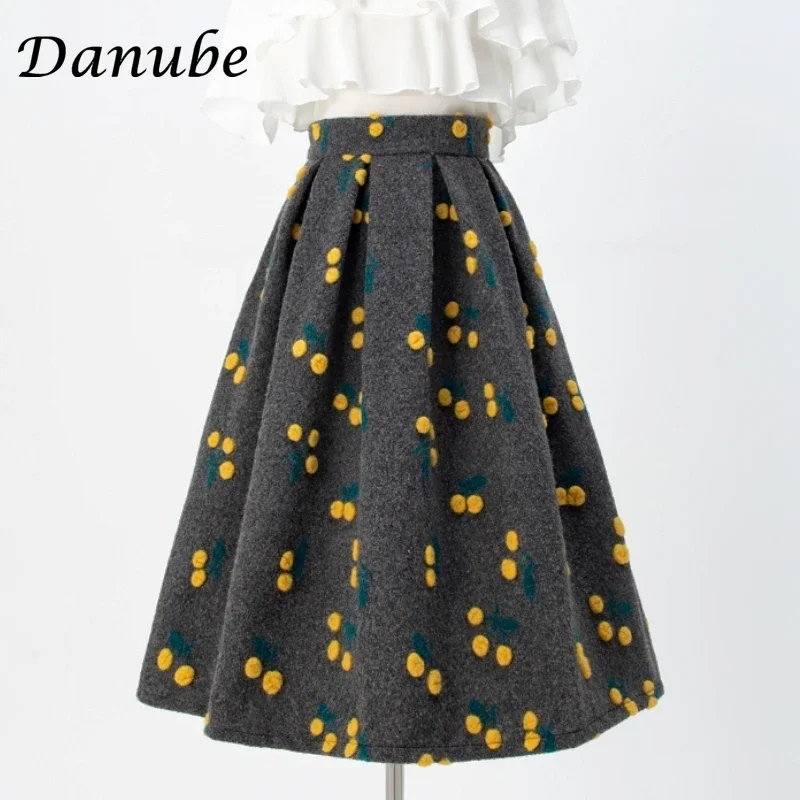 Elegant Vintage Cherry Print Woolen Skirts For Women Autumn Winter High Waist Pleated Long Skirts Office Lady A-Line Midi Skirts