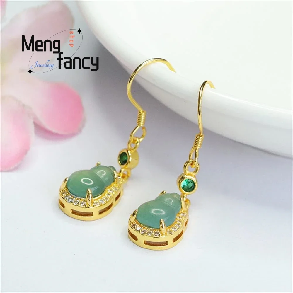 

Natural A-goods Jadeite Blue Water Jade Gourd Earrings Exquisite Elegant Simple High-grade Luxury Quality Jewelry Holiday Gifts