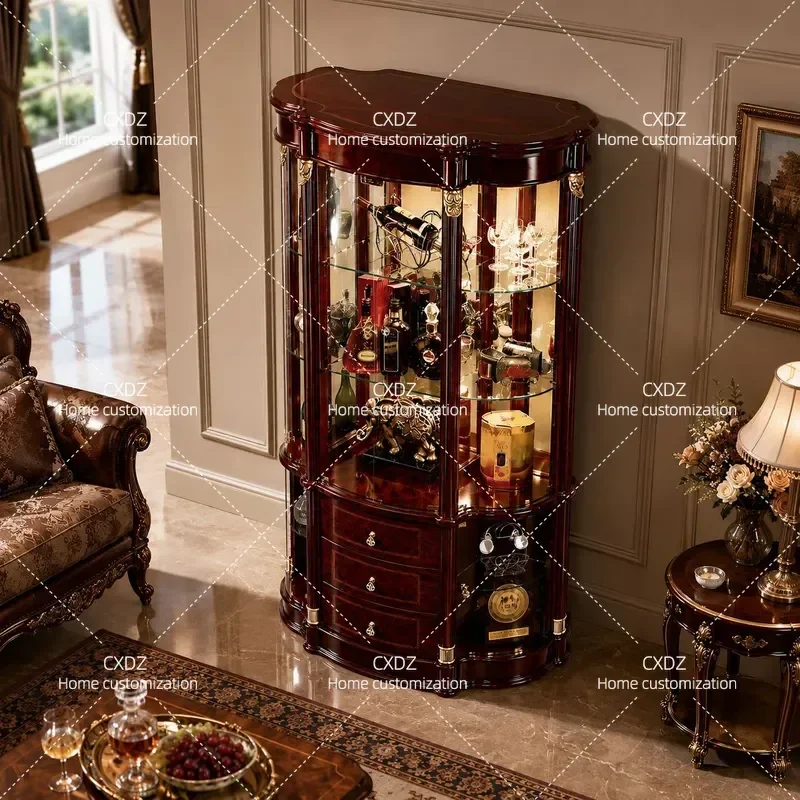 French antique glass wine cabinet, villa living room display cabinet against the wall, home decoration storage cabinet