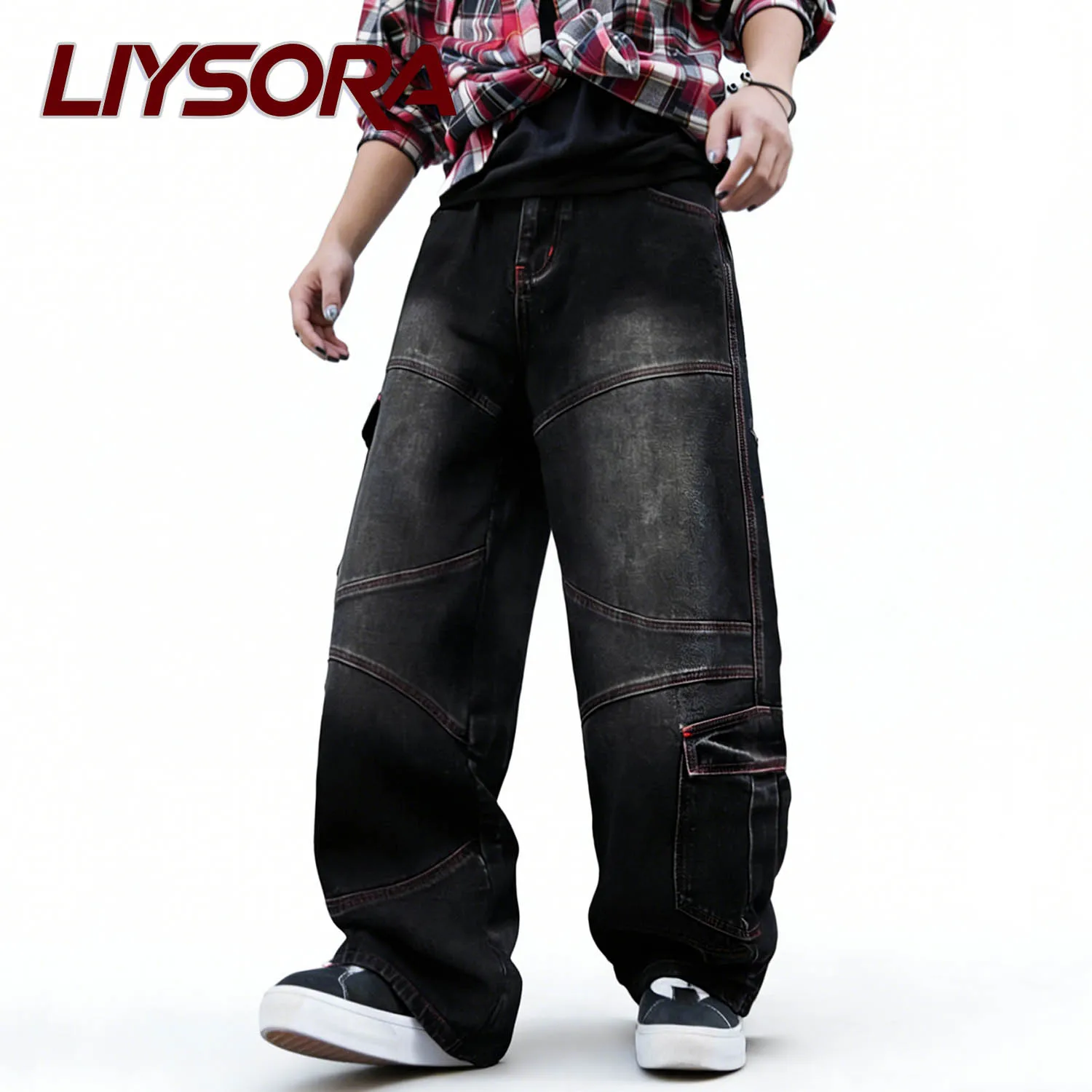 

Men's Black Retro Street Baggy Wide Leg Cargo Jeans Youth Daily Casual Loose Heavy Wash Denim Pants Ultra Mopping Pants Unisex