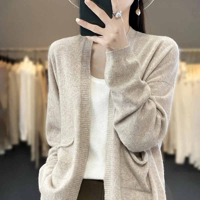 Spring Autumn New Women Fine Wool Blend Sweater V-neck No Buckle Knitted Cardigan Casual Loose Bottoming Coat Versatile Tops