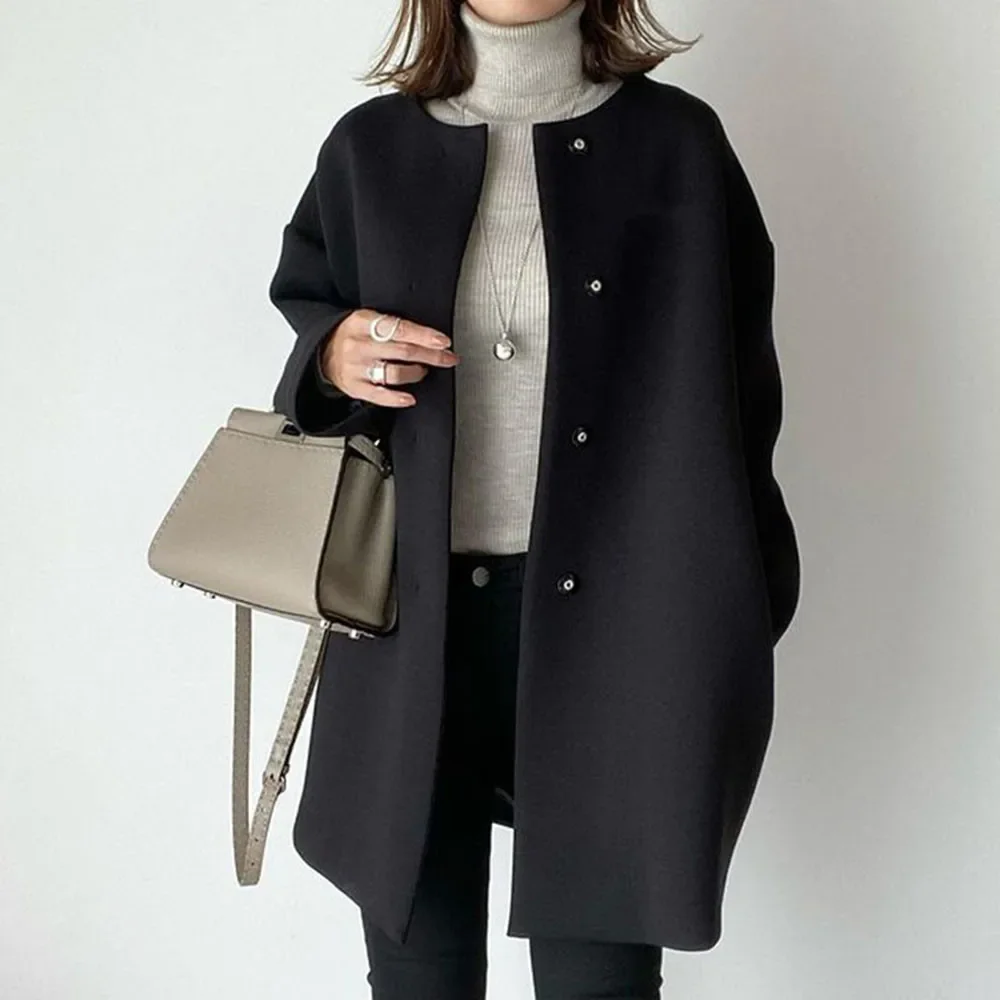 Japanese Straight Coat Autumn and Winter Temperament Solid Color Simple Woolen Coat Top