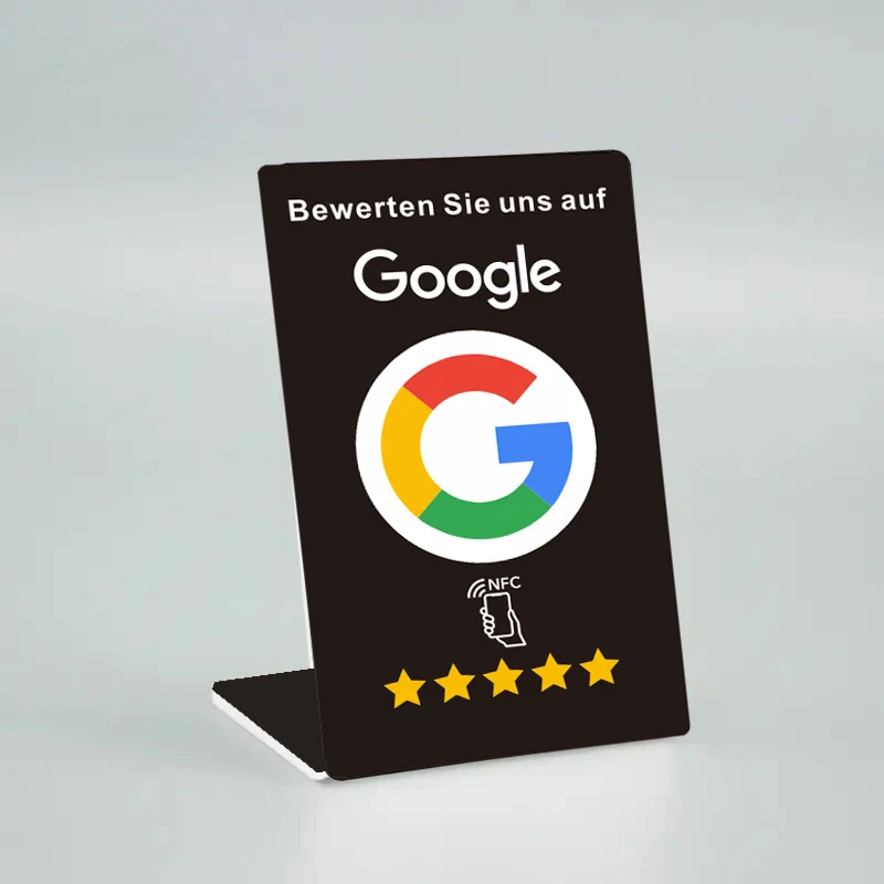 Deutsch, Französisch, Arabisch, Italienisch, Spanisch, Hebräisch, Google-Bewertungen, NFC-Ständer, URL-Tap, Social-Business-Bewertungskarten