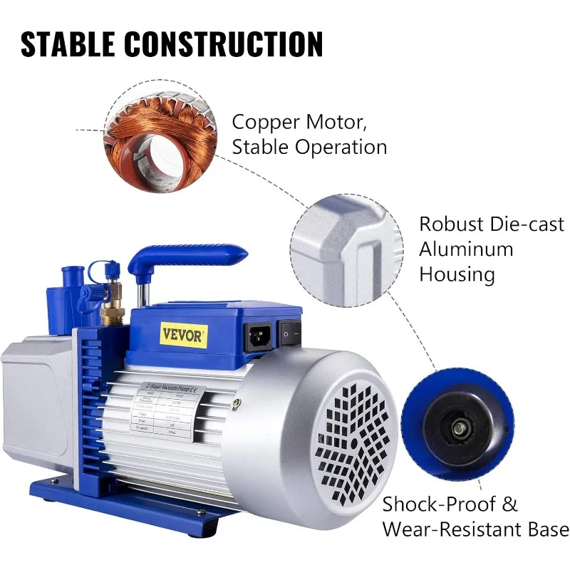 VEVOR Vacuum Pump 12 CFM 1 HP Double Stage Air Conditioning Vacuum Pump 110V Ultimate Vacuum Refrigerant HVAC Air Tool