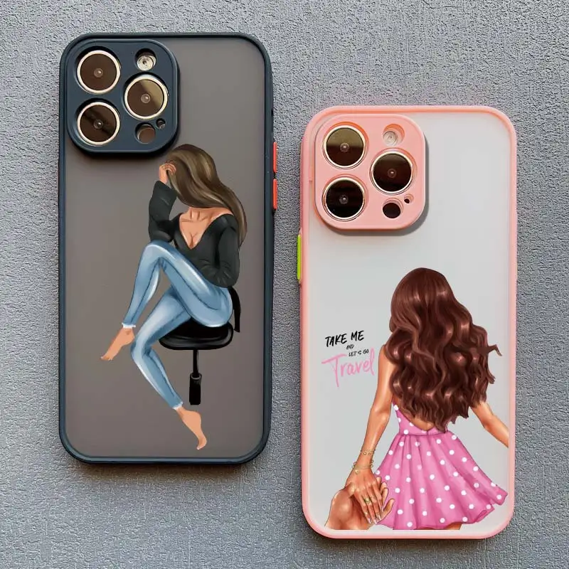 Cute Cartoon Hand Drawn Beautiful Girl Phone Case for iphone 13 11 12 Mini Pro Max 15 14 Pro Max X XR XS 7 8 Plus SE2 Back Cover