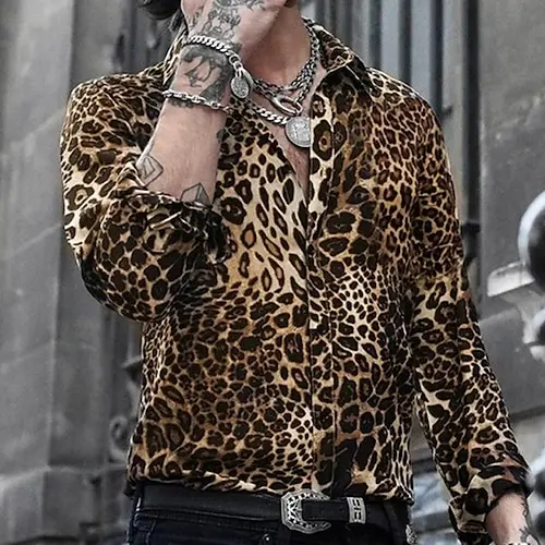 Men\'s Casual Fashion Long Sleeved Leopard Print Shirt Wrinkle Resistant Business Office Top Long Sleeved Shirt MB12