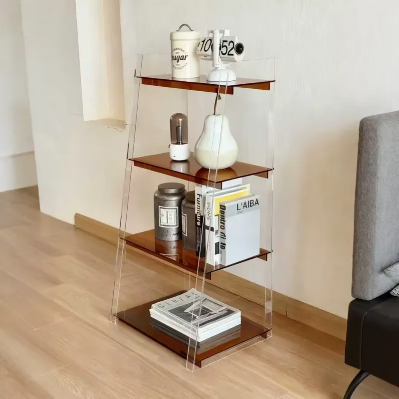 Modern Acrylic Floor to Ceiling Bookshelf Corner Display Cabinet Clear Storage Rack for Living Room Home Organization