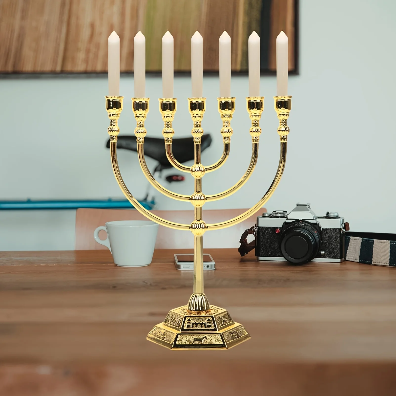Traditional 7-Branch Menorah, Golden Candelabra, Temple-Style Candle Holder, Religious Holiday Home Decor, Jewish Candle Holder.